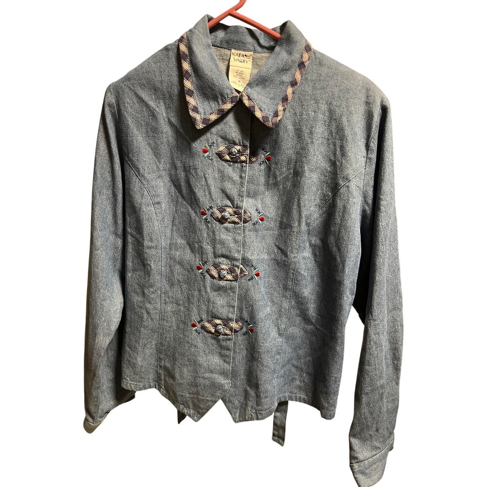 Cottage core denim button down plaid and flowers Medium